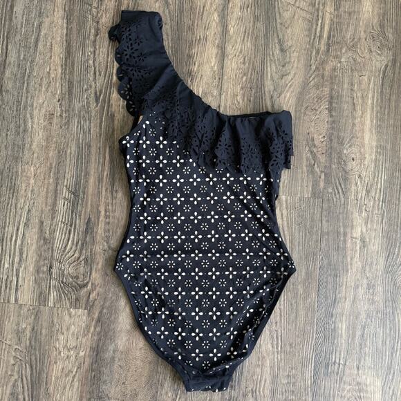 J. Crew Scalloped Ruffle One-Shoulder One Piece Swimsuit in Black 10 - Picture 7 of 9